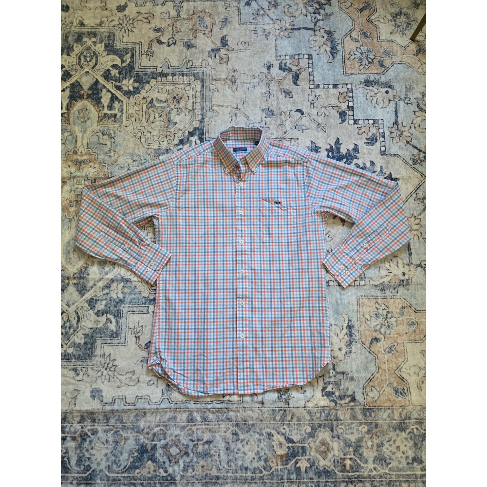 Fish Hippie Men's Small Tailored Fit‎ Coral Pink Blue Gingham Collared L/S Shirt